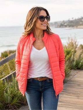 Coral Quilted Puffer Jacket Women’s Large Lightweight Zip Front Coat